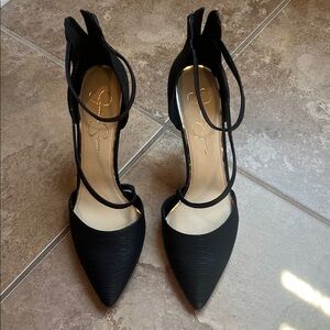 Jessica Simpson Black Pointed-Toe Ankle Strap Pumps